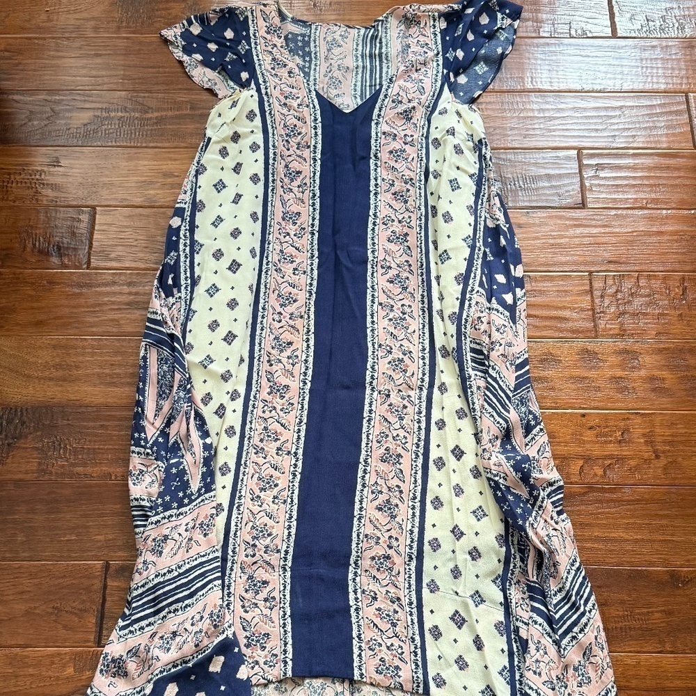 Anthropologie Maeve Summertide Blue Pink Swing Maxi V Neck Dress, Size XS